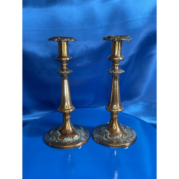 Antique Pair of Copper and Pewter Tall Candlestick Holders - Picture 5 of 8